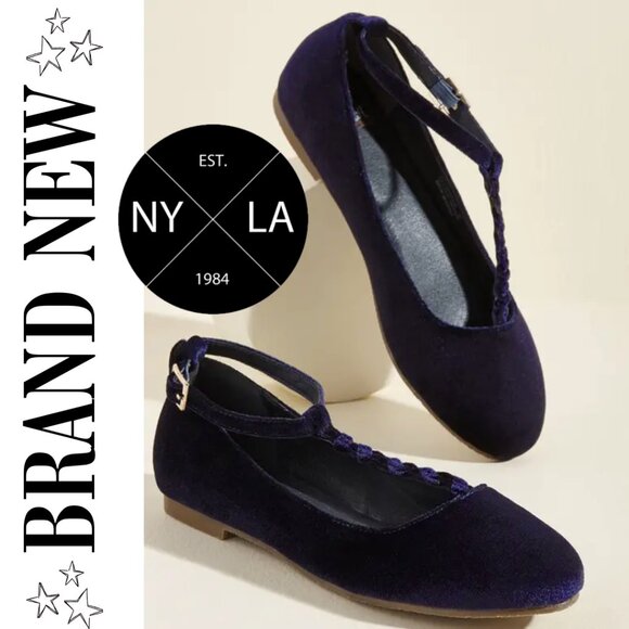 N.Y.L.A. Velvet Flats | Women's 10 | Blue | Braid Strap Mary Janes Classic Chic - Picture 1 of 10